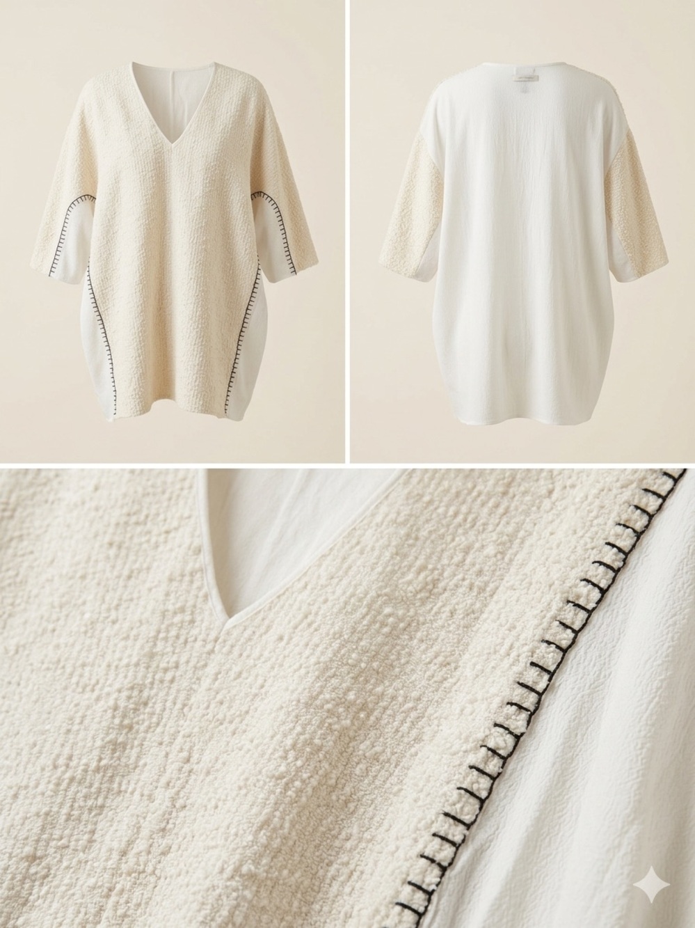 Boho Cream V-Neck Textured Sweater